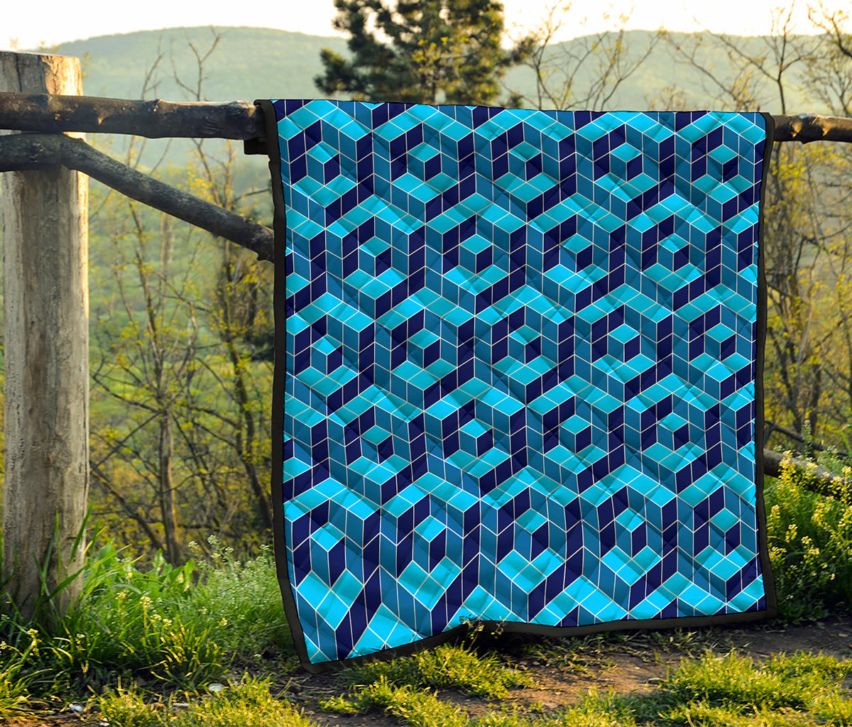 Blue Geometric Cube Shape Pattern Print Quilt