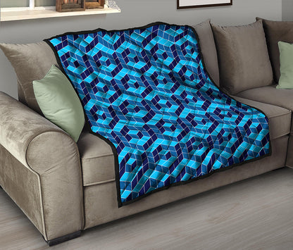 Blue Geometric Cube Shape Pattern Print Quilt