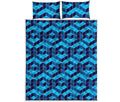 Blue Geometric Cube Shape Pattern Print Quilt Bed Set