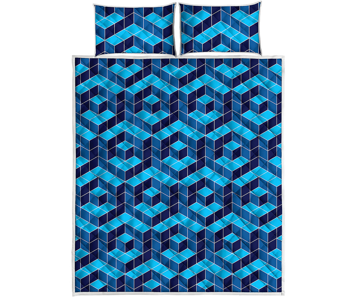 Blue Geometric Cube Shape Pattern Print Quilt Bed Set