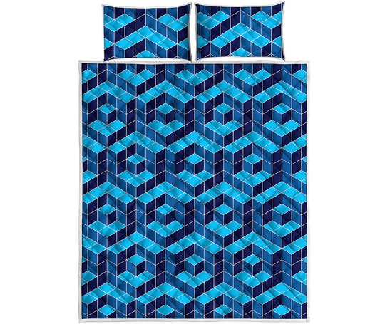 Blue Geometric Cube Shape Pattern Print Quilt Bed Set