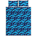 Blue Geometric Cube Shape Pattern Print Quilt Bed Set
