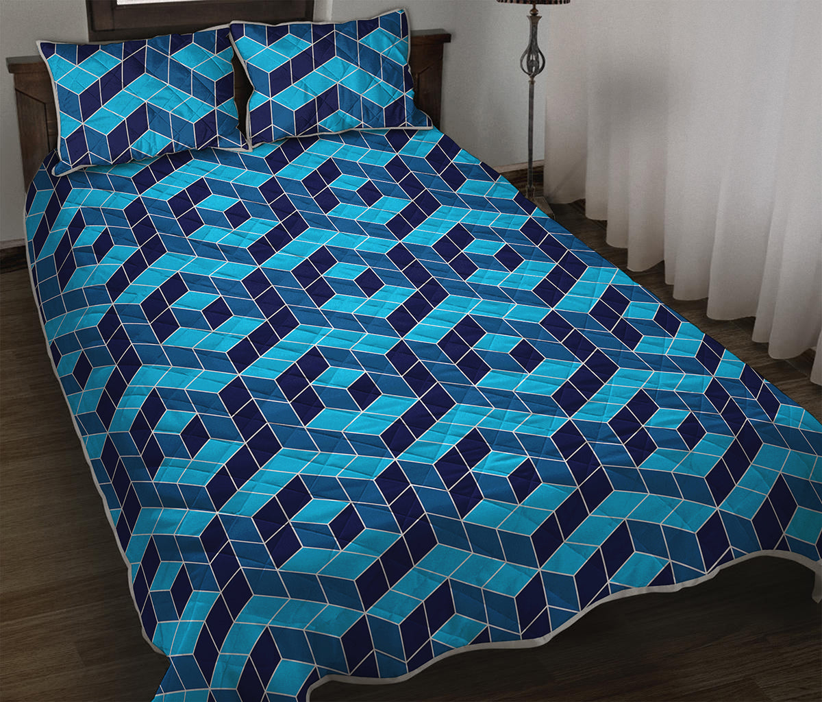 Blue Geometric Cube Shape Pattern Print Quilt Bed Set