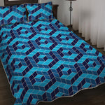 Blue Geometric Cube Shape Pattern Print Quilt Bed Set