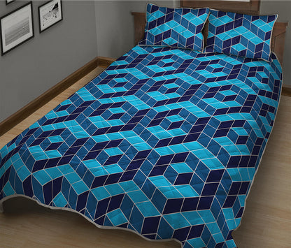 Blue Geometric Cube Shape Pattern Print Quilt Bed Set