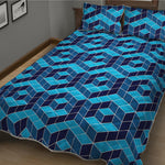 Blue Geometric Cube Shape Pattern Print Quilt Bed Set