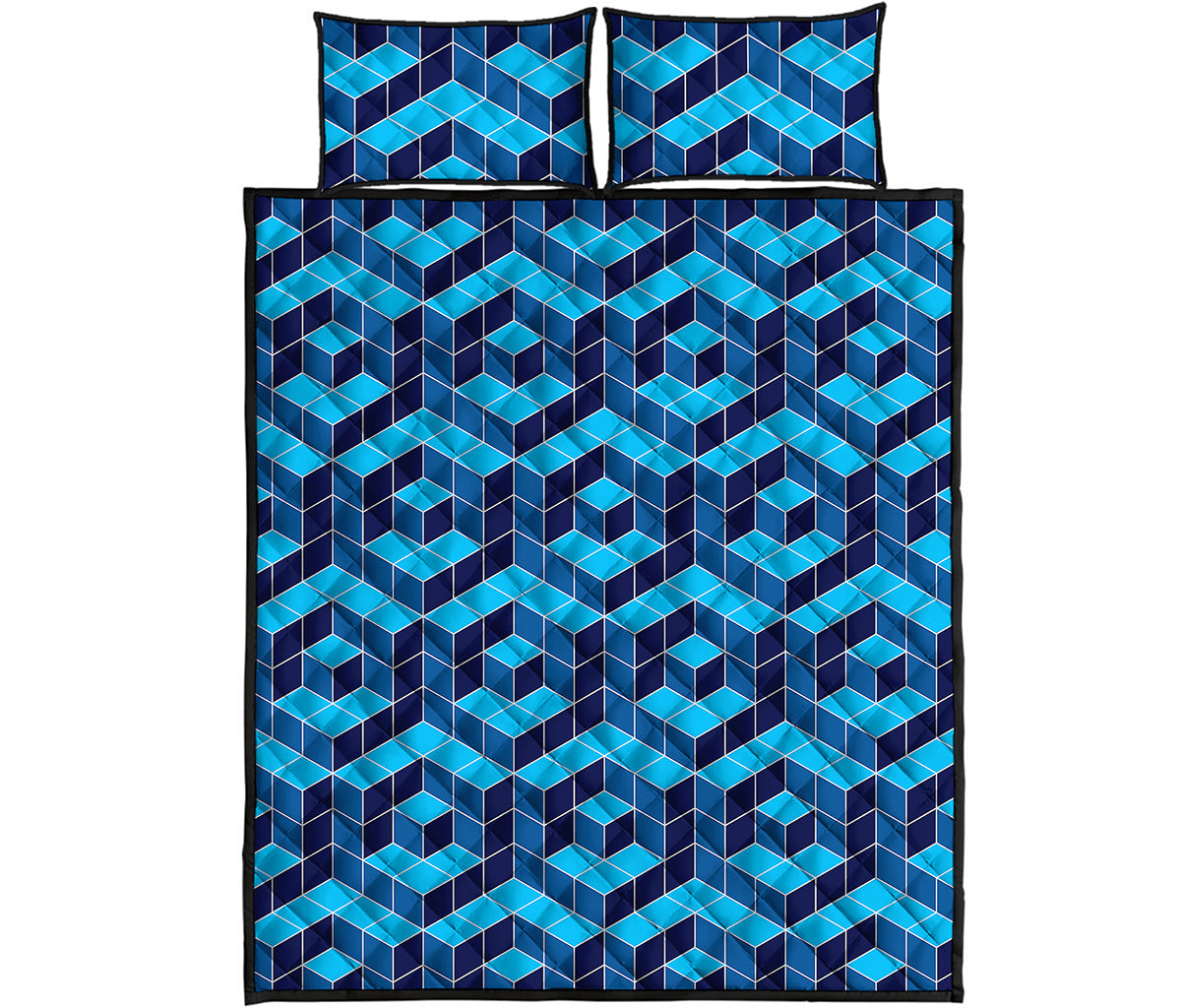 Blue Geometric Cube Shape Pattern Print Quilt Bed Set