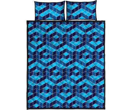 Blue Geometric Cube Shape Pattern Print Quilt Bed Set
