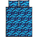Blue Geometric Cube Shape Pattern Print Quilt Bed Set