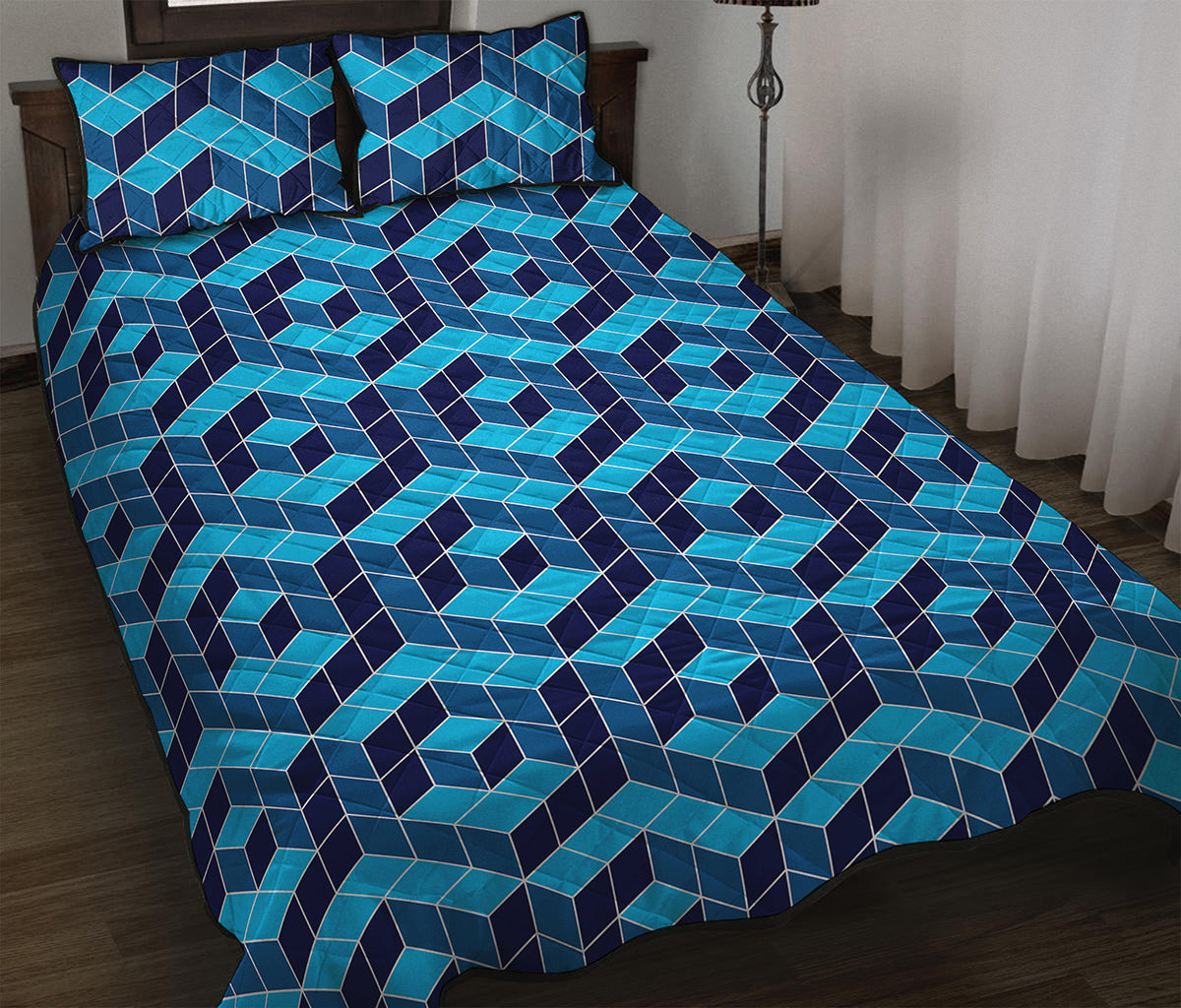 Blue Geometric Cube Shape Pattern Print Quilt Bed Set