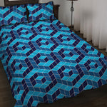 Blue Geometric Cube Shape Pattern Print Quilt Bed Set