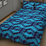 Blue Geometric Cube Shape Pattern Print Quilt Bed Set