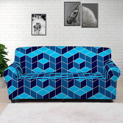 Blue Geometric Cube Shape Pattern Print Sofa Cover