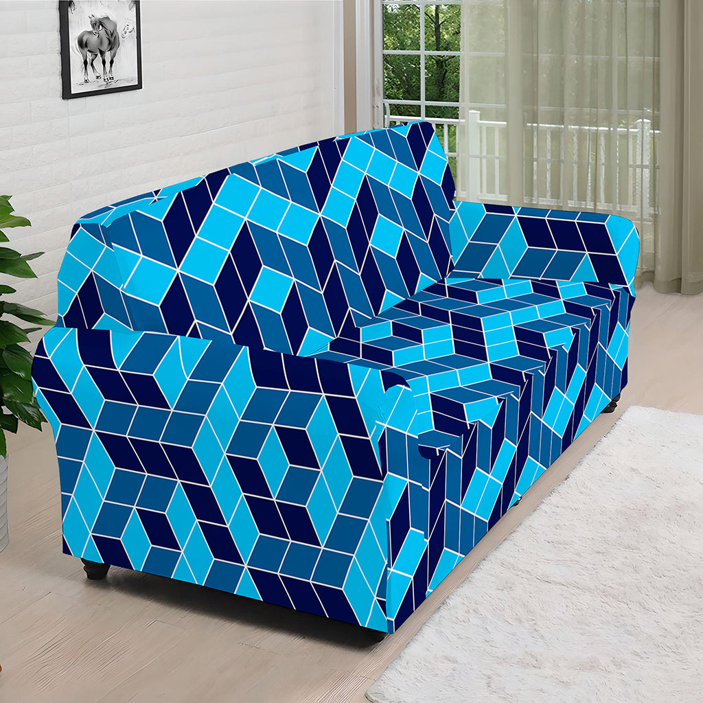 Blue Geometric Cube Shape Pattern Print Sofa Cover