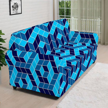 Blue Geometric Cube Shape Pattern Print Sofa Cover