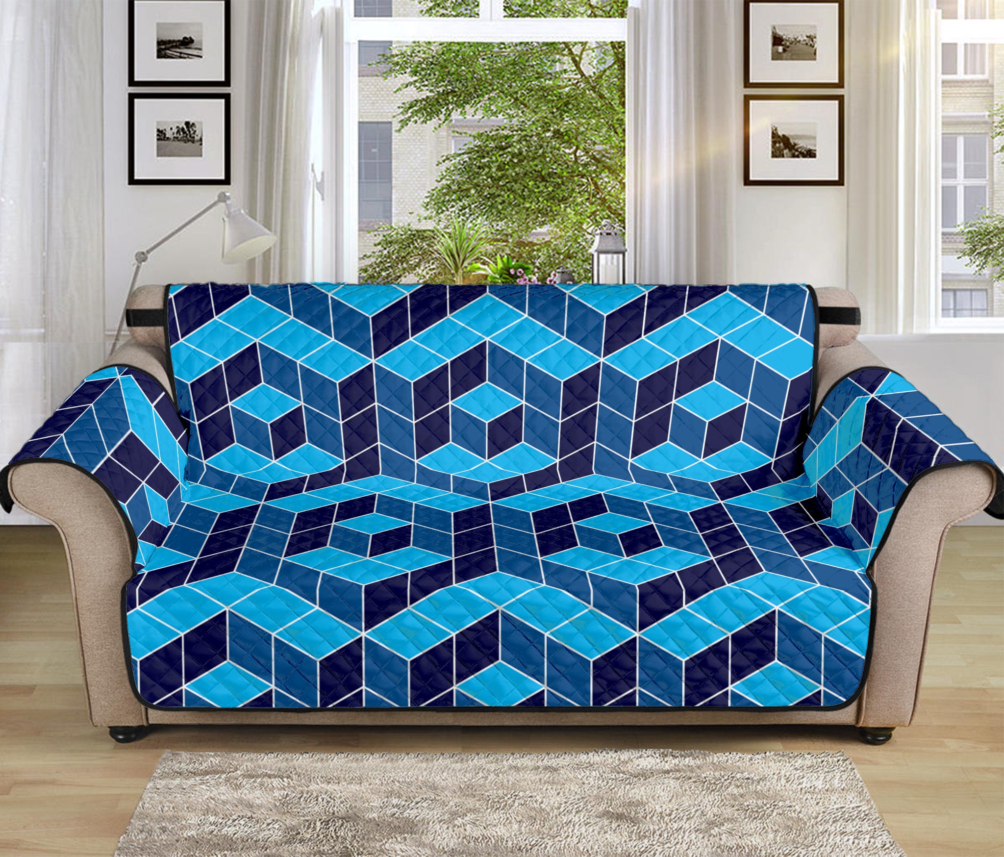 Blue Geometric Cube Shape Pattern Print Sofa Protector