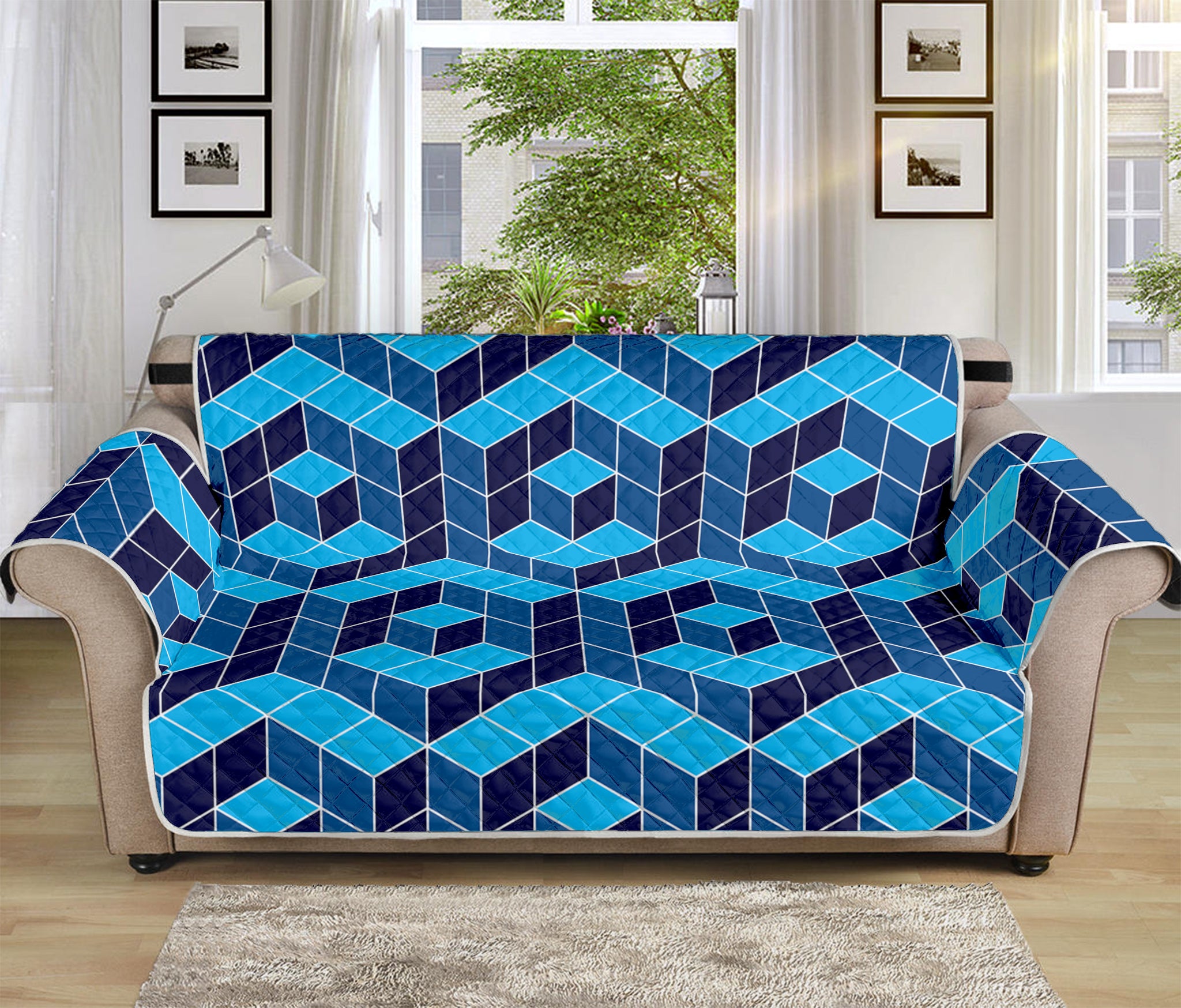 Blue Geometric Cube Shape Pattern Print Sofa Protector