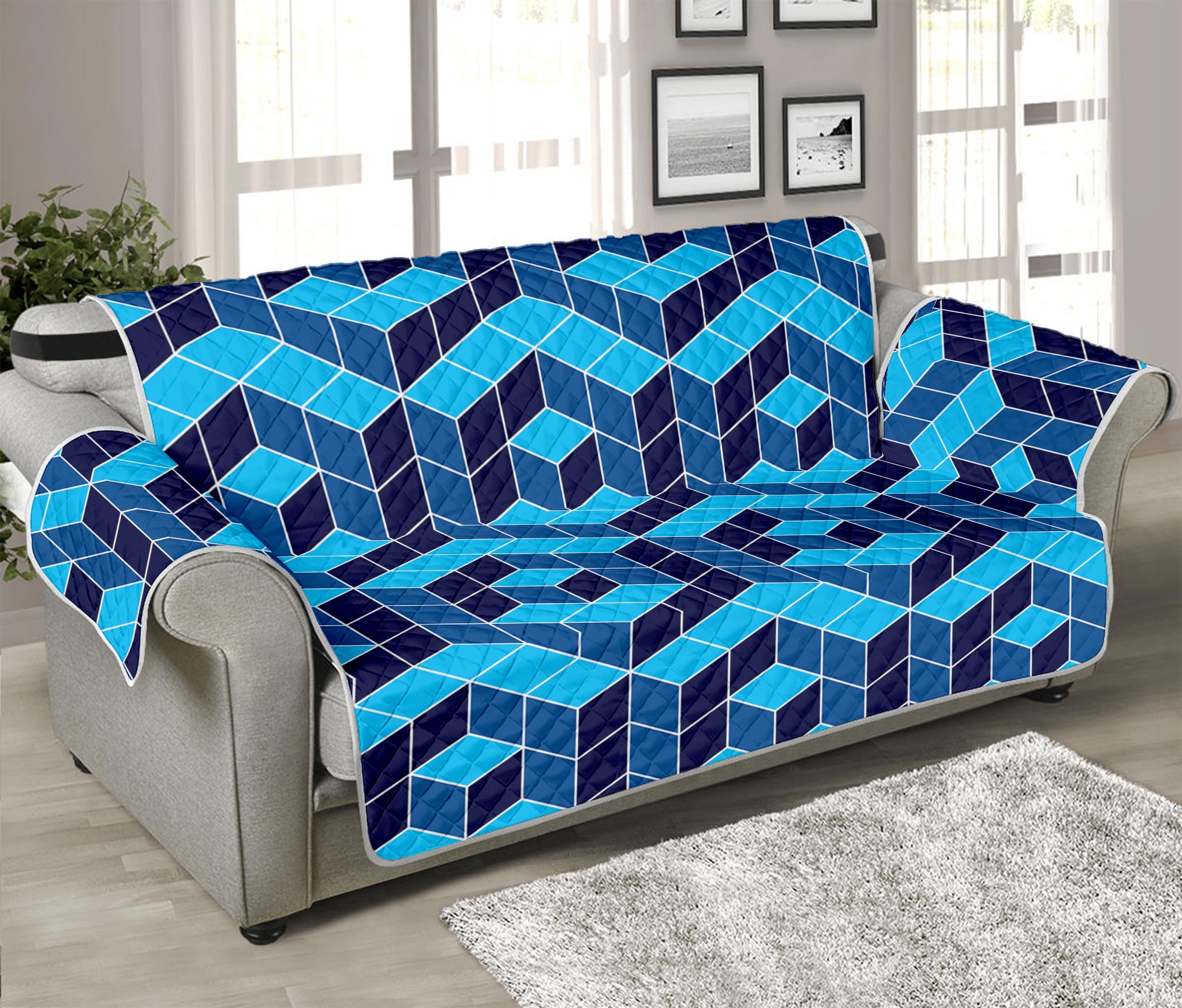 Blue Geometric Cube Shape Pattern Print Sofa Protector