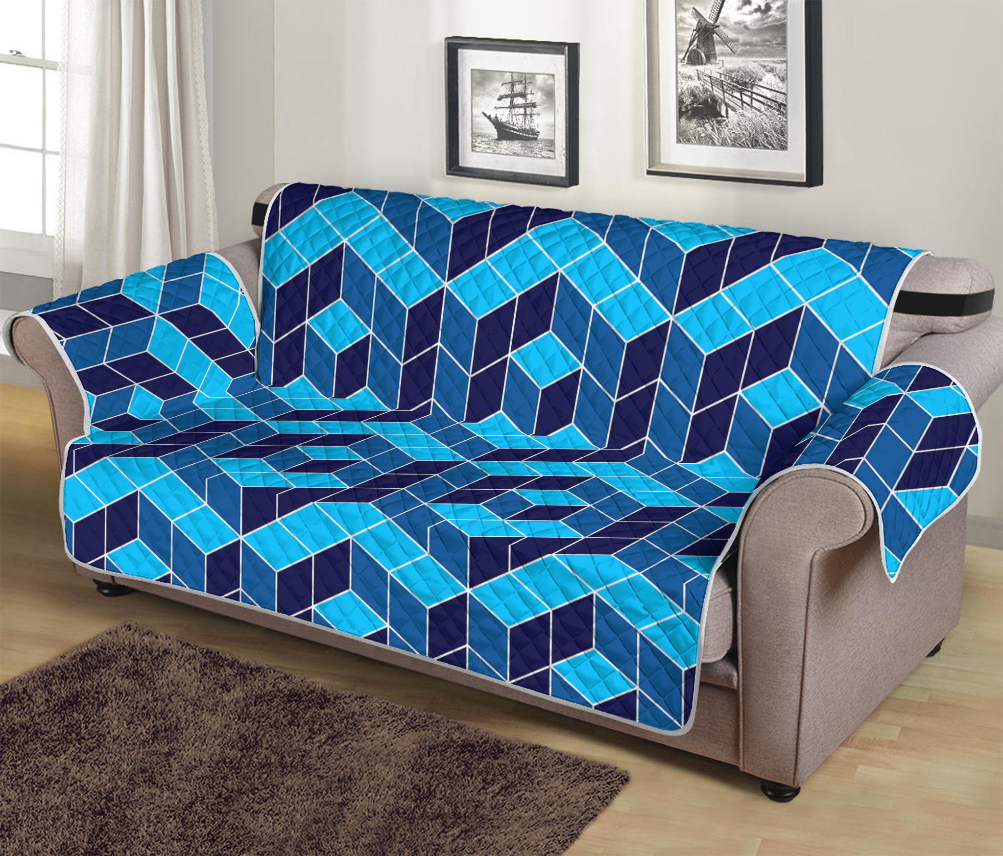 Blue Geometric Cube Shape Pattern Print Sofa Protector