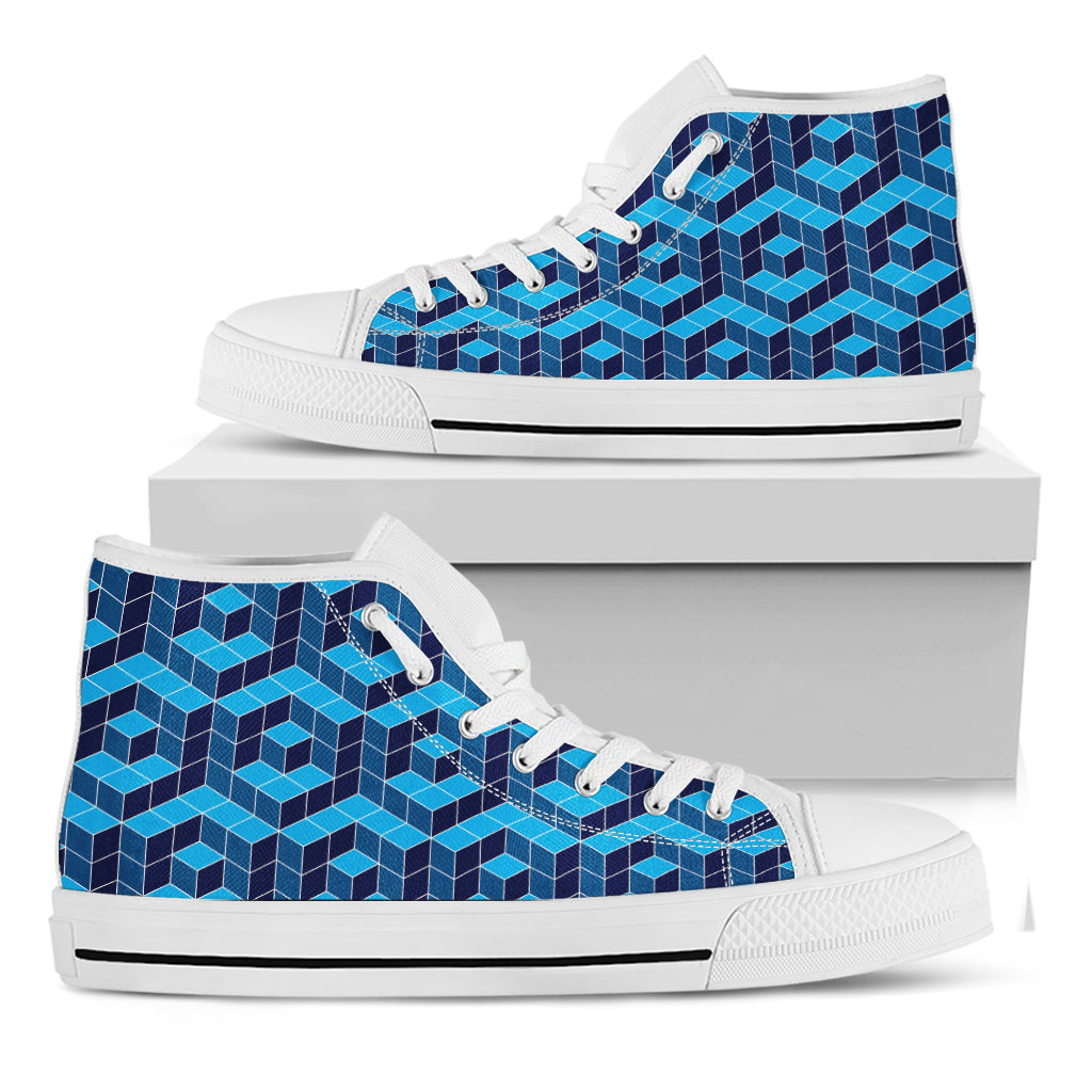 Blue Geometric Cube Shape Pattern Print White High Top Shoes