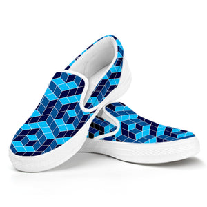 Blue Geometric Cube Shape Pattern Print White Slip On Shoes