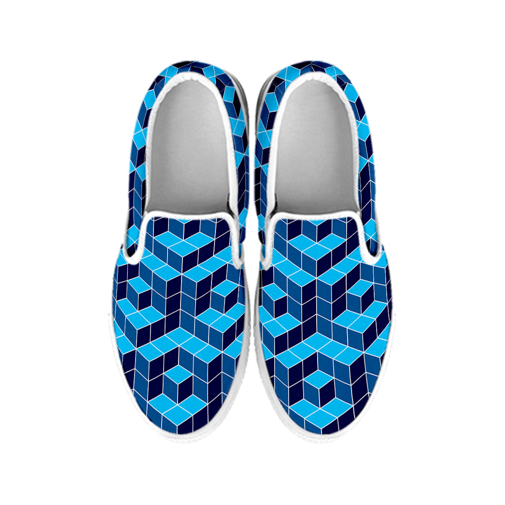 Blue Geometric Cube Shape Pattern Print White Slip On Shoes