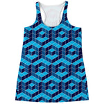 Blue Geometric Cube Shape Pattern Print Women's Racerback Tank Top
