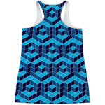 Blue Geometric Cube Shape Pattern Print Women's Racerback Tank Top