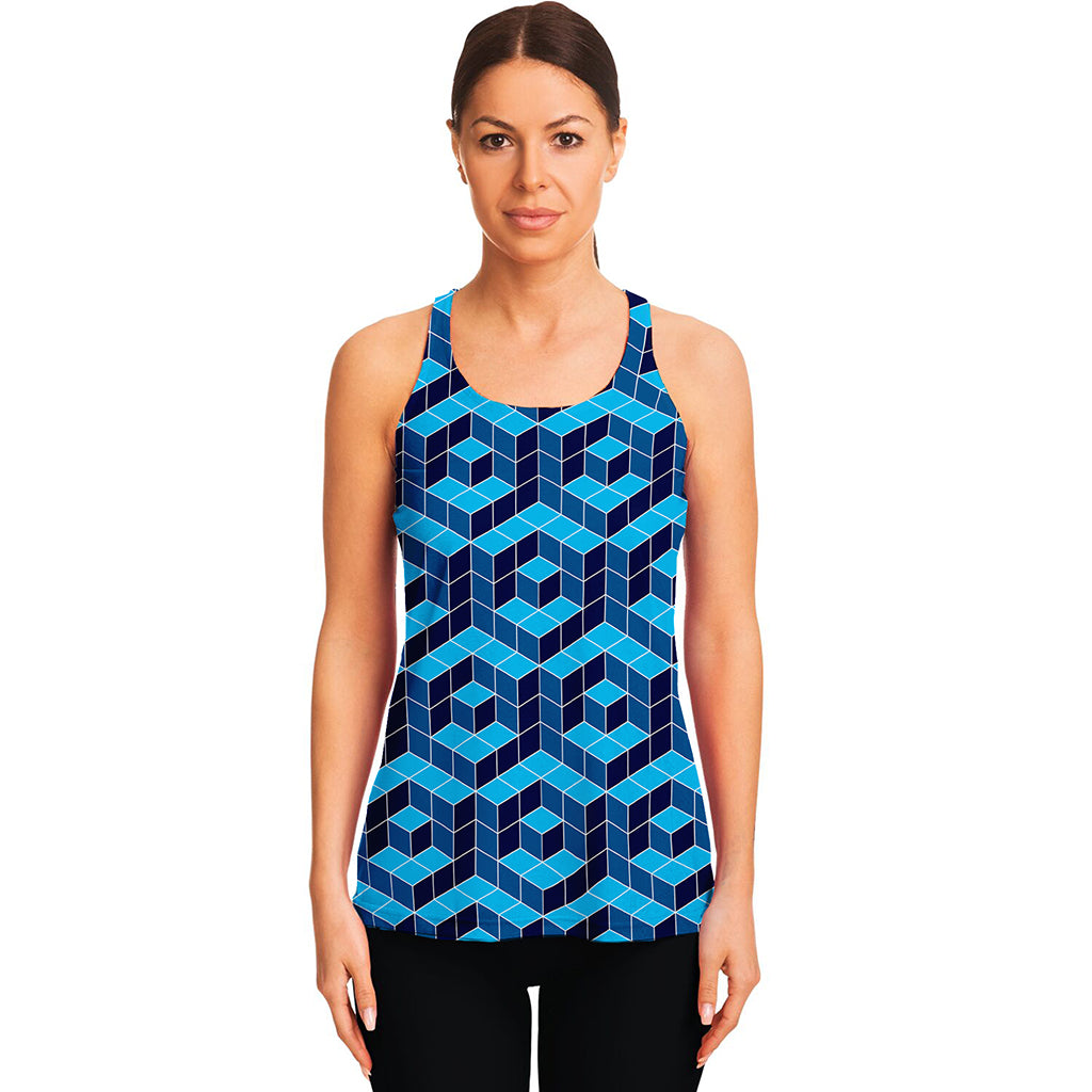Blue Geometric Cube Shape Pattern Print Women's Racerback Tank Top