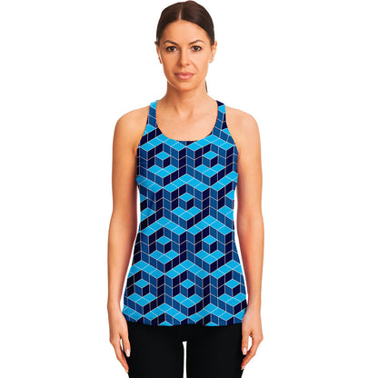 Blue Geometric Cube Shape Pattern Print Women's Racerback Tank Top