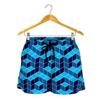 Blue Geometric Cube Shape Pattern Print Women's Shorts