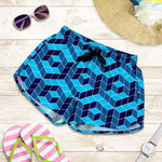 Blue Geometric Cube Shape Pattern Print Women's Shorts