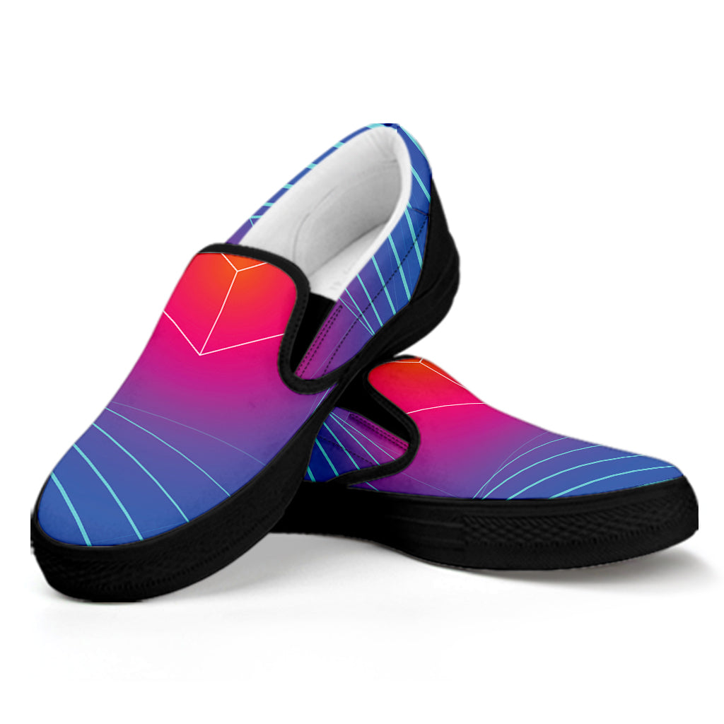 Blue Geometric EDM Light Print Black Slip On Shoes