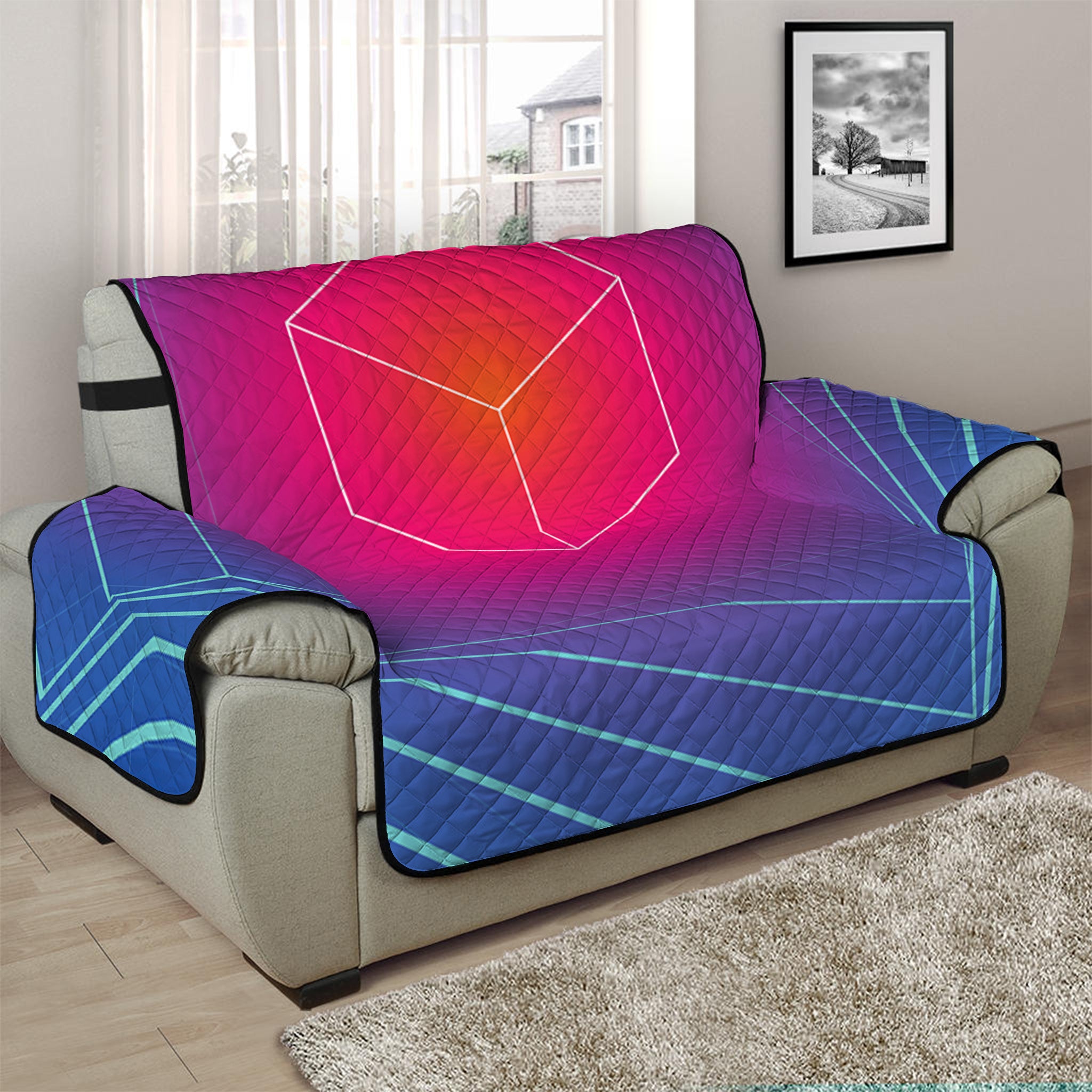 Blue Geometric EDM Light Print Half Sofa Protector