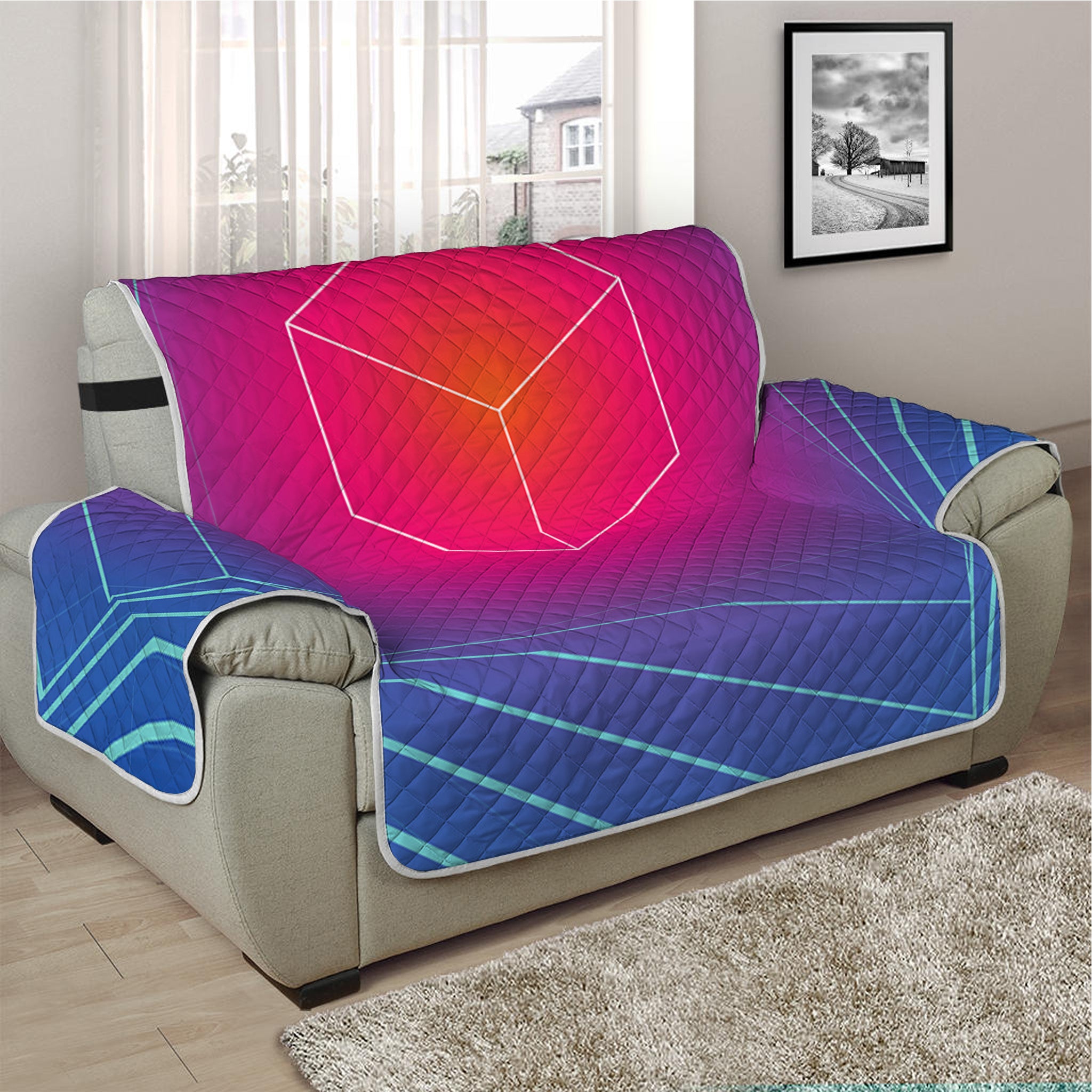 Blue Geometric EDM Light Print Half Sofa Protector