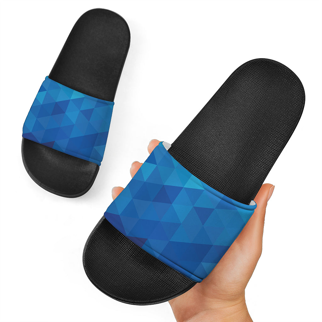 Blue Geometric Triangle Pattern Print Black Slide Sandals