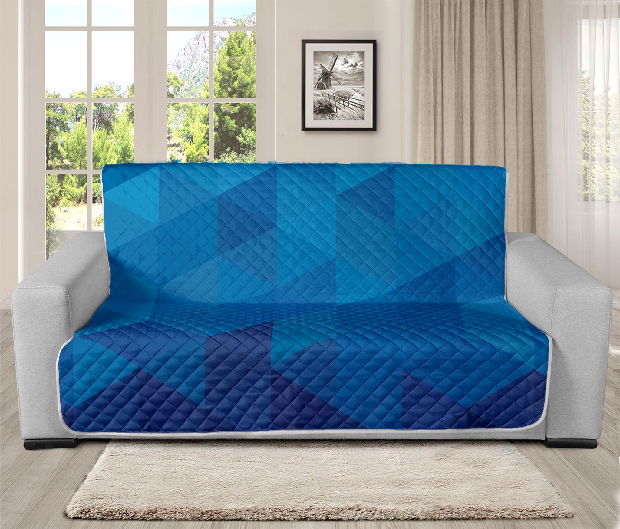 Blue Geometric Triangle Pattern Print Futon Protector