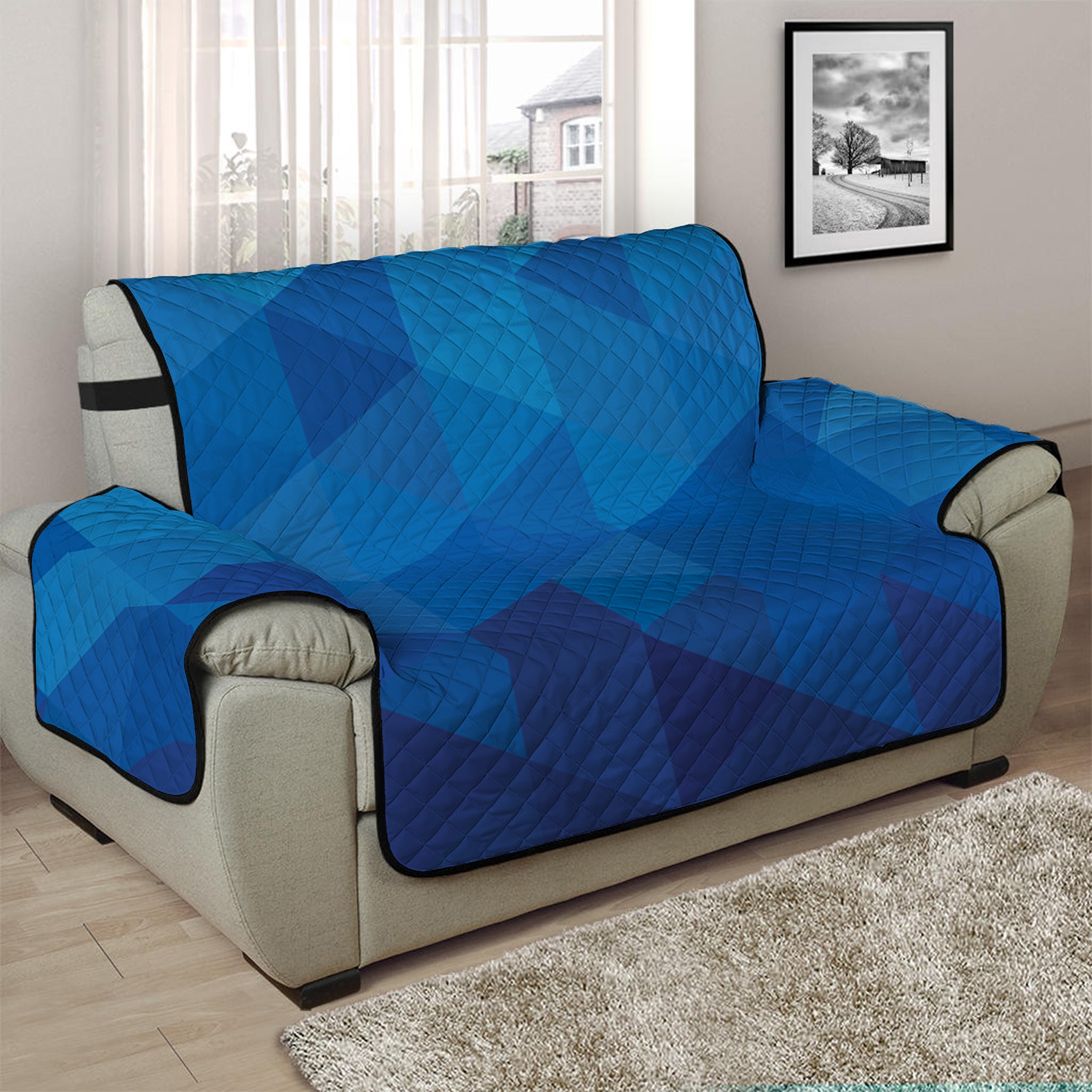 Blue Geometric Triangle Pattern Print Half Sofa Protector