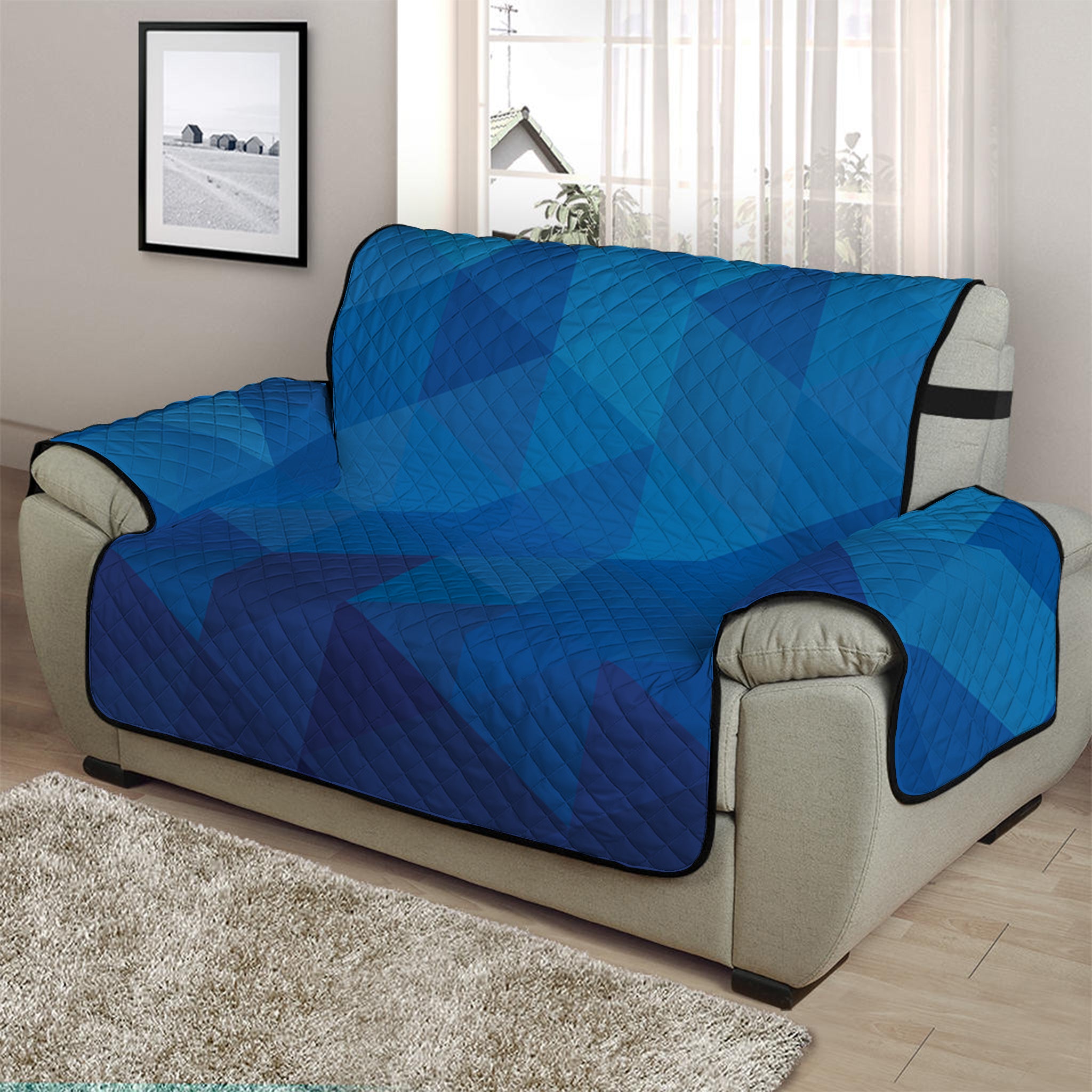 Blue Geometric Triangle Pattern Print Half Sofa Protector