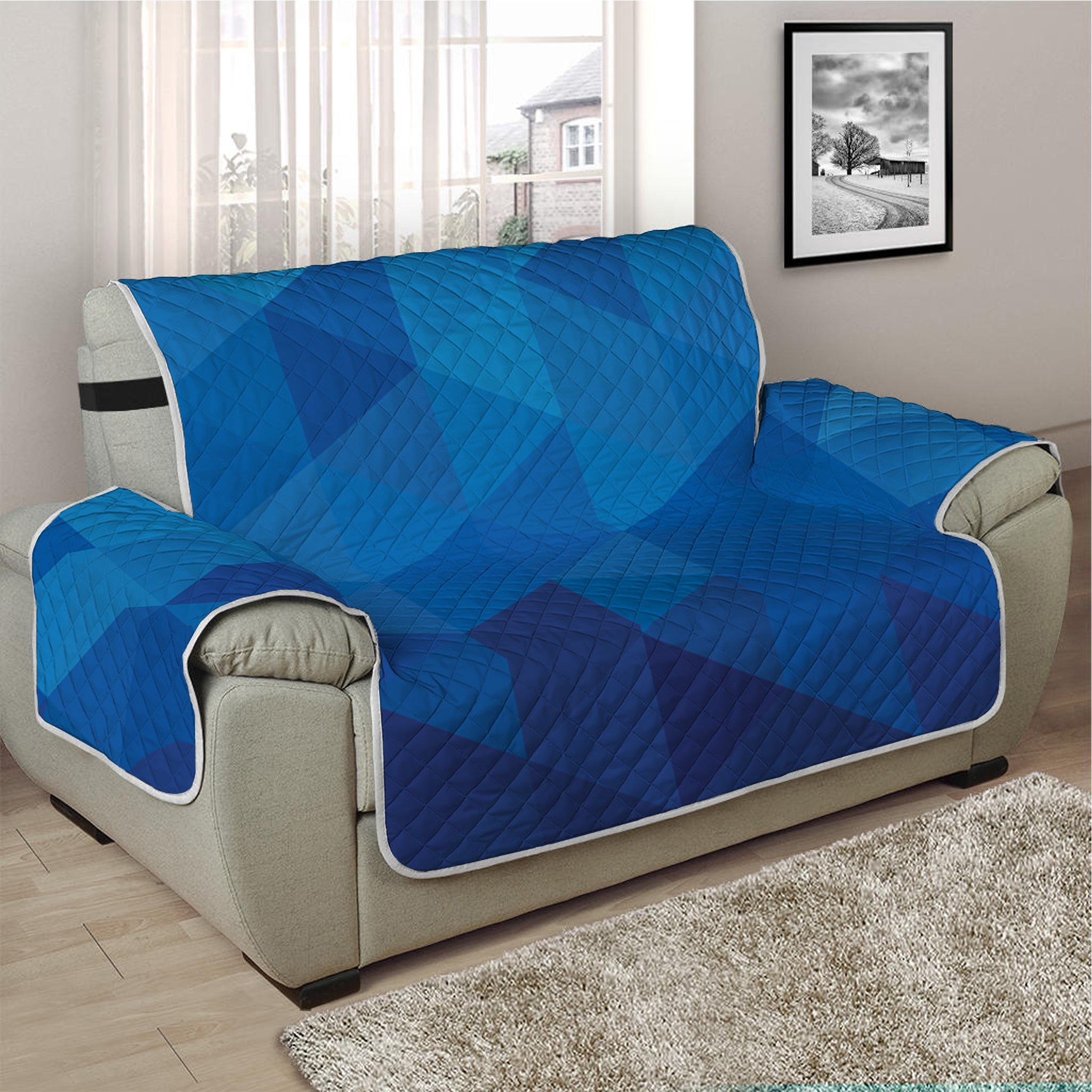 Blue Geometric Triangle Pattern Print Half Sofa Protector