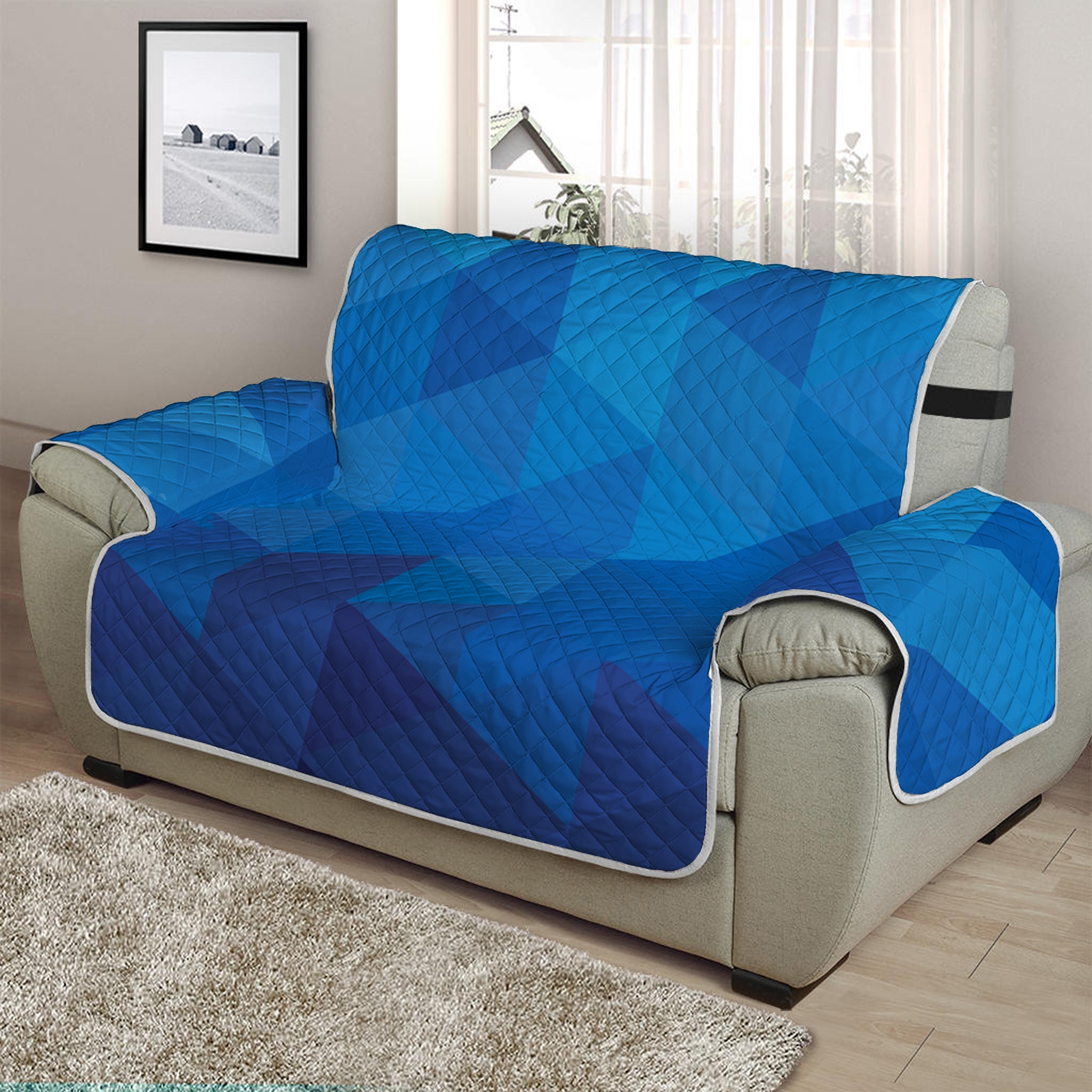 Blue Geometric Triangle Pattern Print Half Sofa Protector