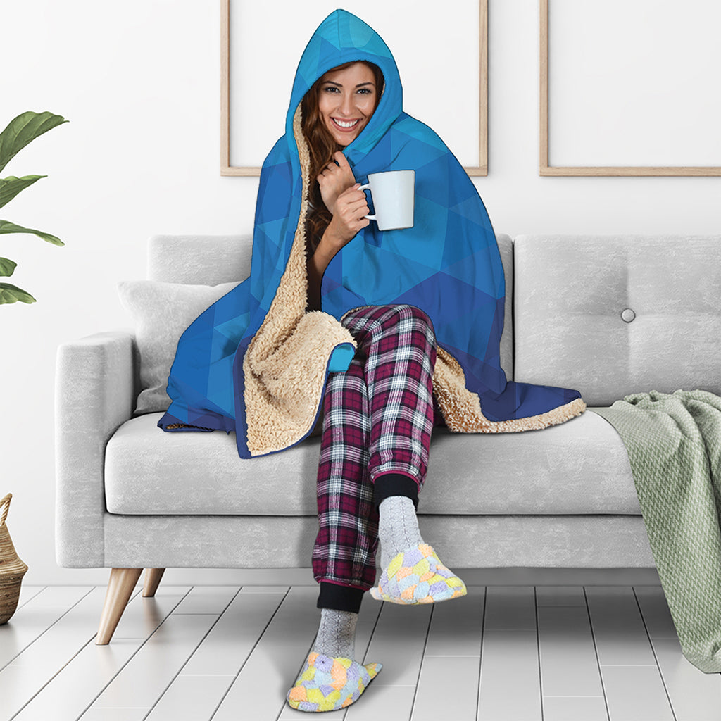 Blue Geometric Triangle Pattern Print Hooded Blanket