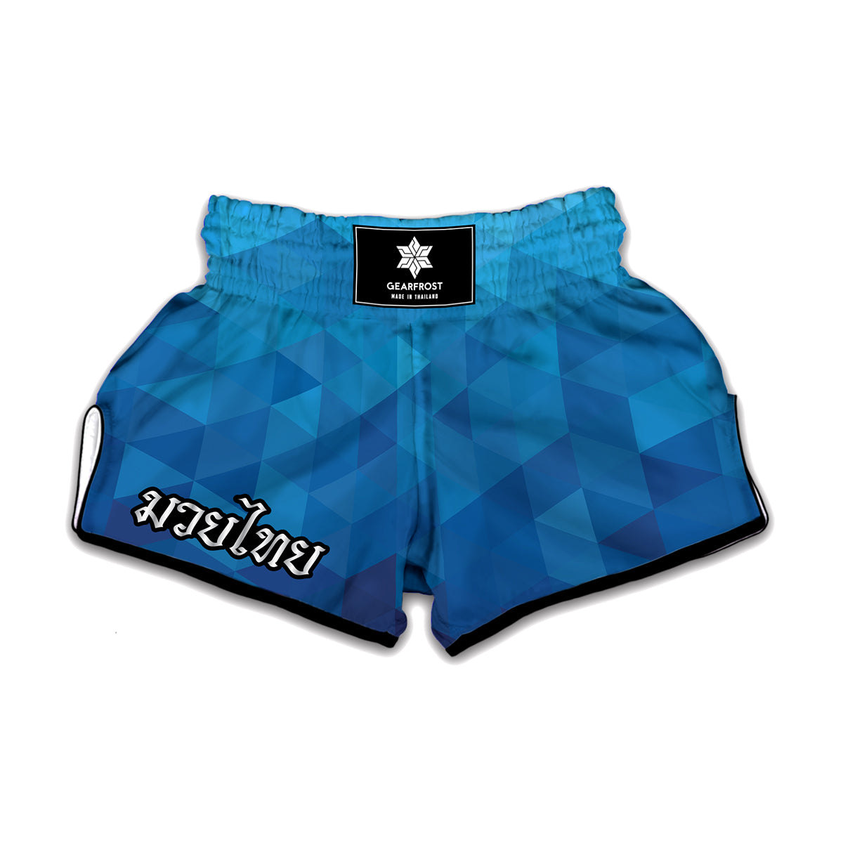 Blue Geometric Triangle Pattern Print Muay Thai Boxing Shorts