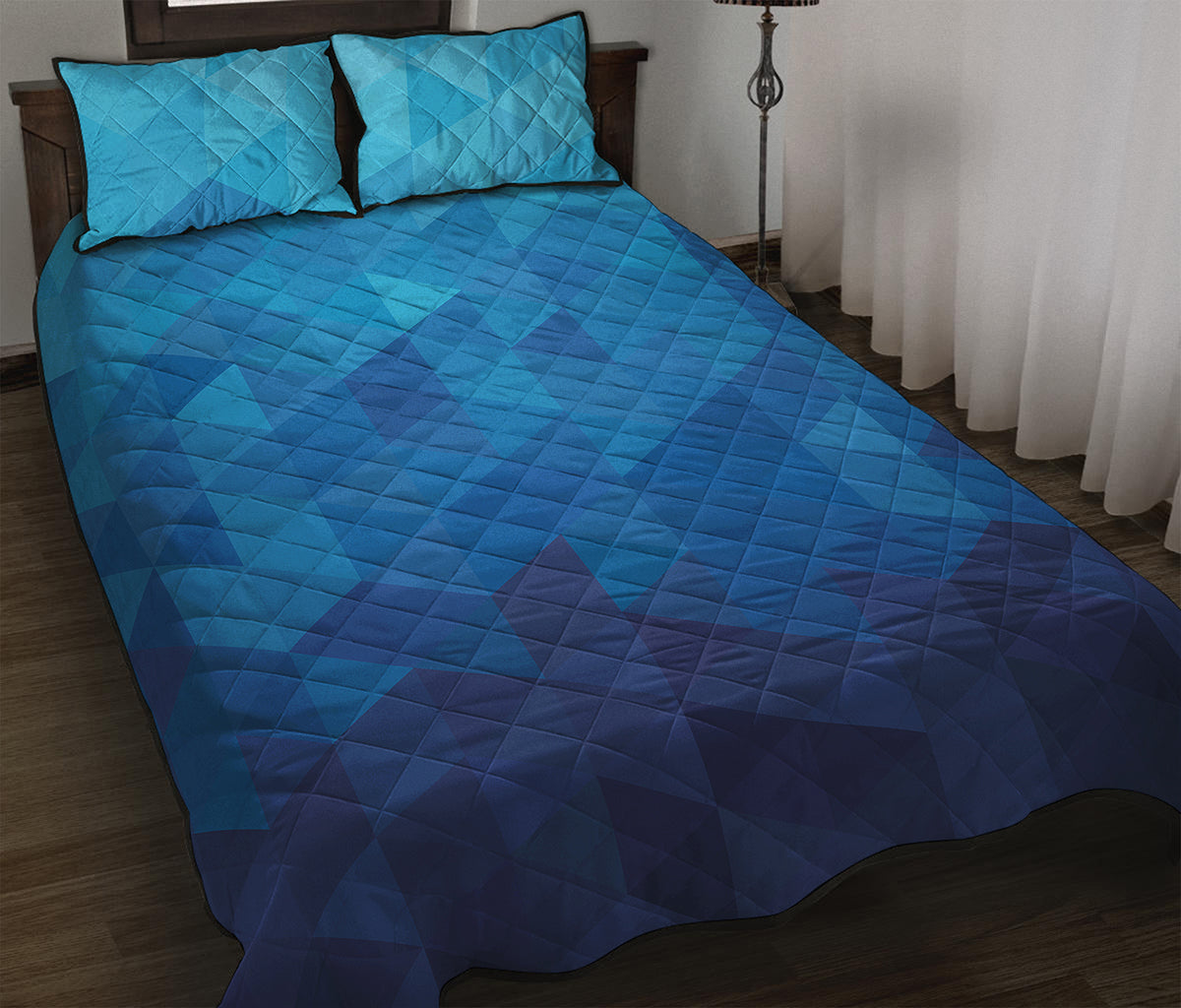 Blue Geometric Triangle Pattern Print Quilt Bed Set