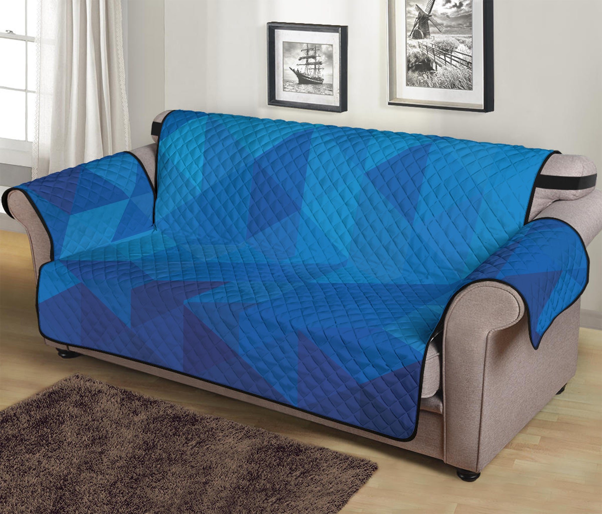 Blue Geometric Triangle Pattern Print Sofa Protector