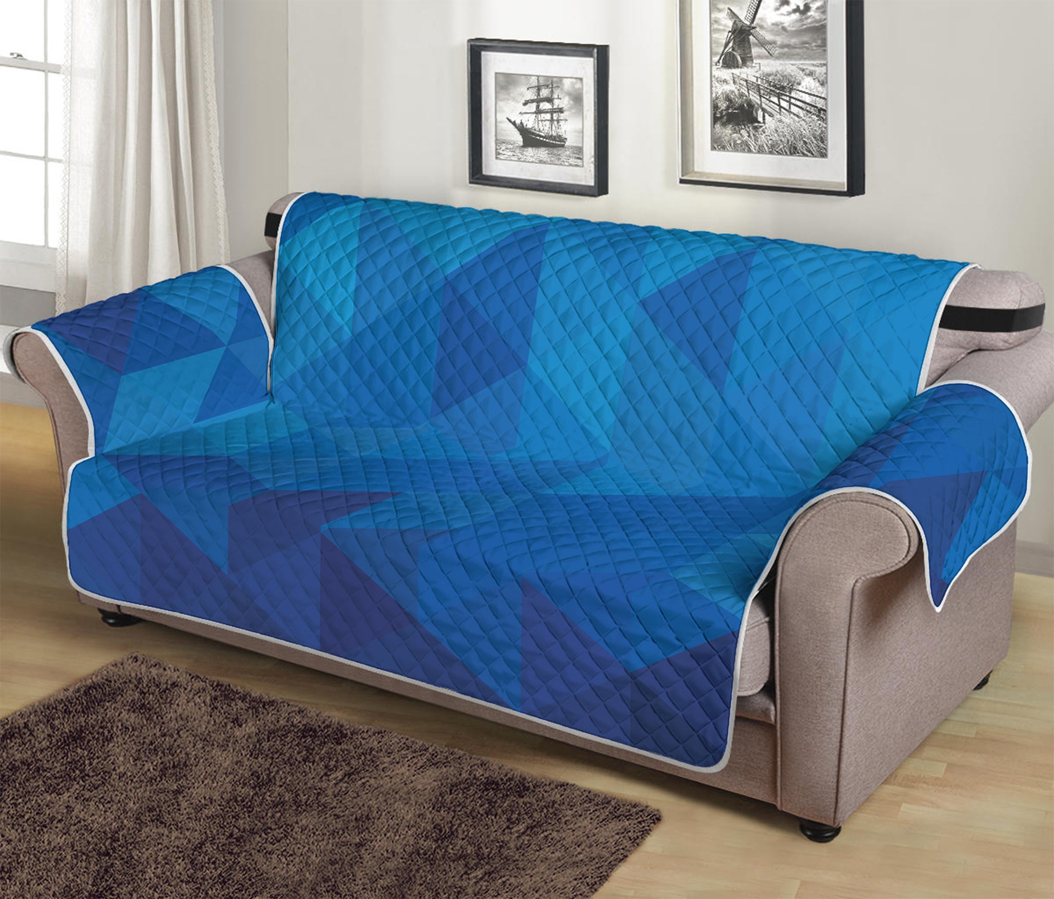 Blue Geometric Triangle Pattern Print Sofa Protector