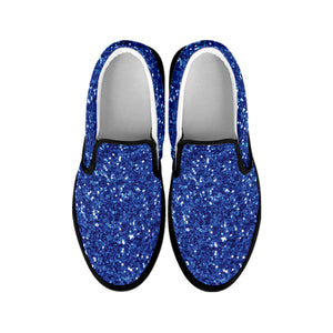 Blue Glitter Texture Print Black Slip On Shoes