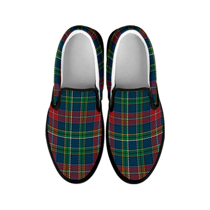Blue Green And Red Scottish Plaid Print Black Slip On Shoes
