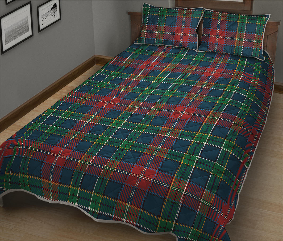 Blue Green And Red Scottish Plaid Print Quilt Bed Set