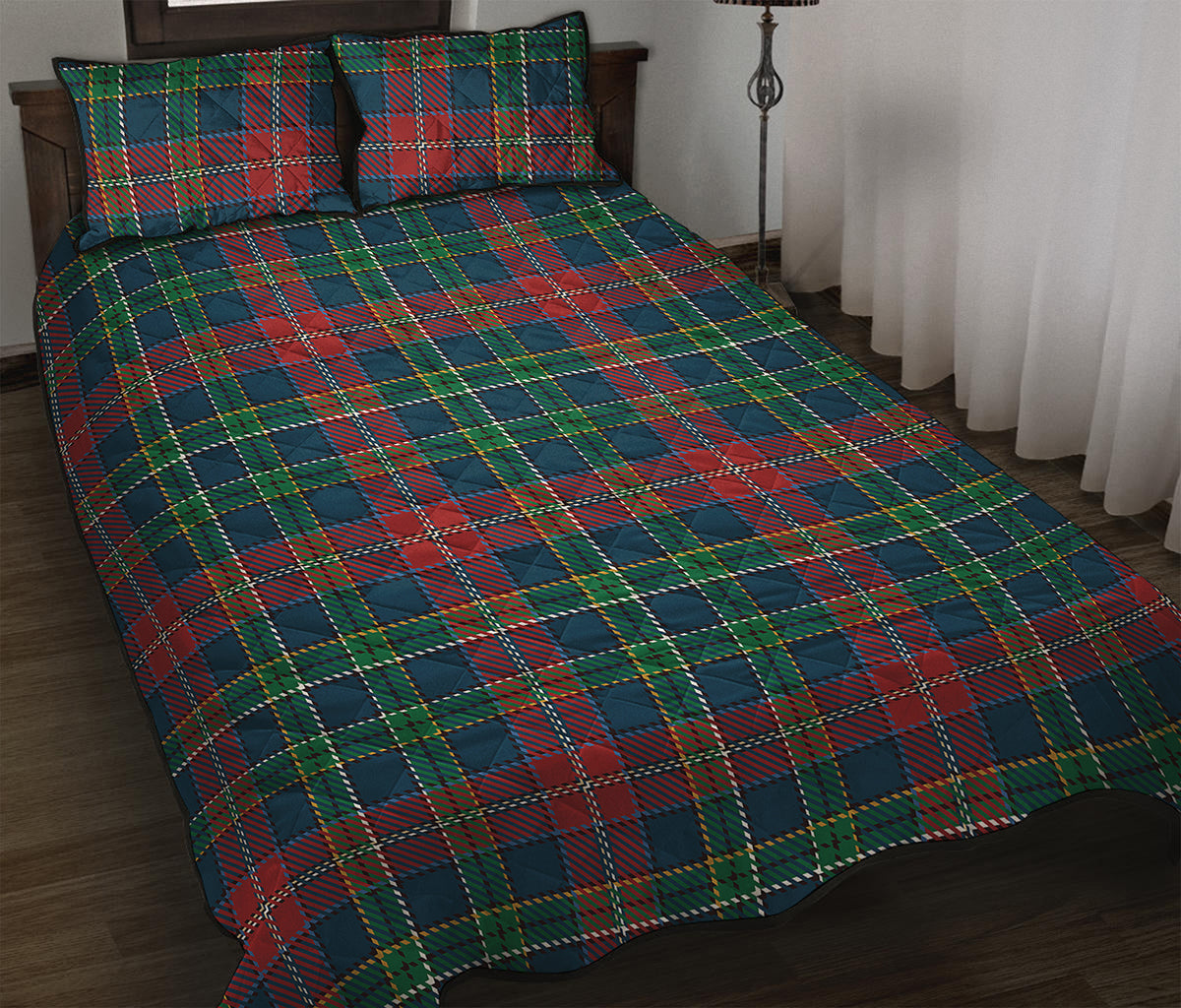 Blue Green And Red Scottish Plaid Print Quilt Bed Set